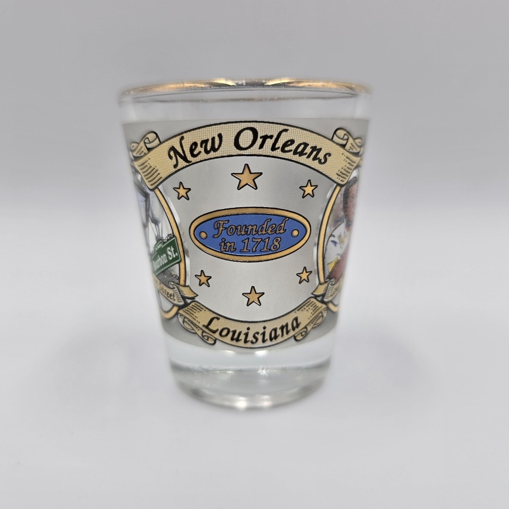 New‎ Orleans Louisiana Shot Glass Mardi Gras Bourbon Street Gold Rim
